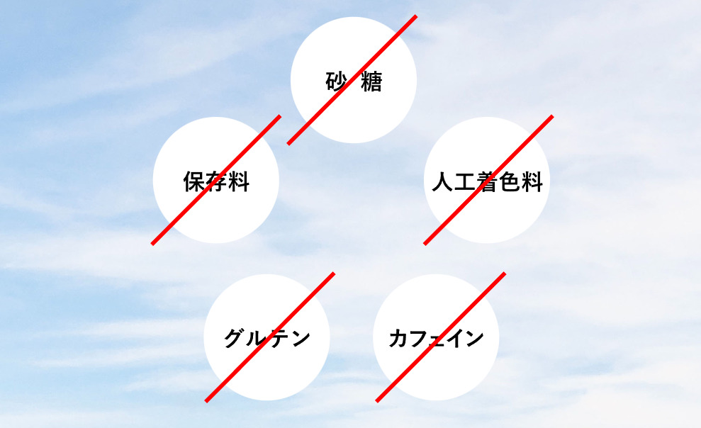 砂糖、人工着色料、カフェイン、グルテン、保存料は不使用