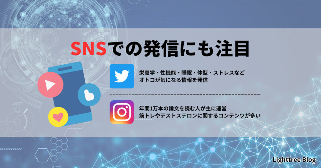 SNSでの発信にも注目｜Twitterでは栄養学・性機能・睡眠・体型・ストレスなどオトコが気になる情報を発信。Instagramでは年間1万本の論文を読む人が主に運営。筋トレやテストステロンに関するコンテンツが多い。