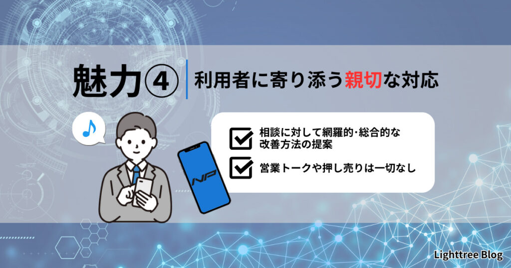 ここがすごい！ナイトプロテイン公式LINEサポート｜魅力④利用者に寄り添う親切な対応。相談に対して網羅的・総合的な改善方法の提案。営業トークや押し売りは一切なし。