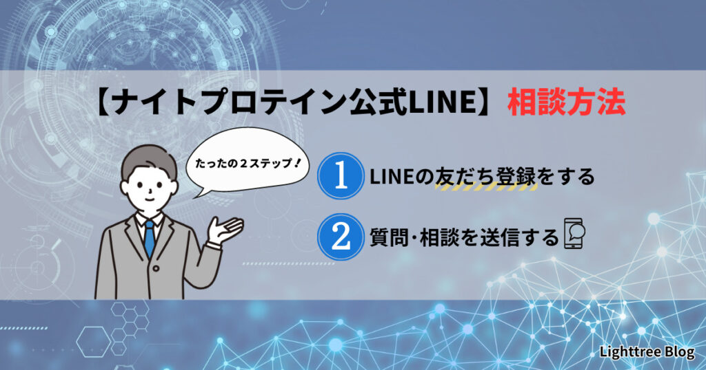 【ナイトプロテイン公式LINE】相談方法｜たったの2ステップ！①LINEの友だち登録をする②質問・相談を送信する