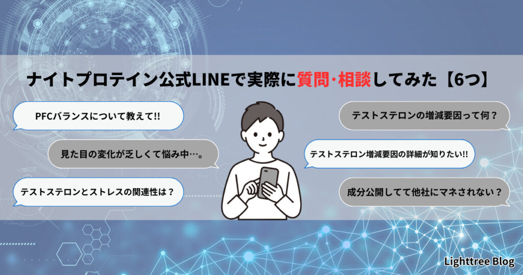 ナイトプロテイン公式LINEで実際に質問・相談してみた【6つ】｜①PFCバランスについて教えて!!②見た目の変化が乏しくて悩み中…。③テストステロンとストレスの関連性は？④テストステロンの増減要因って何？⑤テストステロン増減要因の詳細が知りたい!!⑥成分公開してて他社にマネされない？