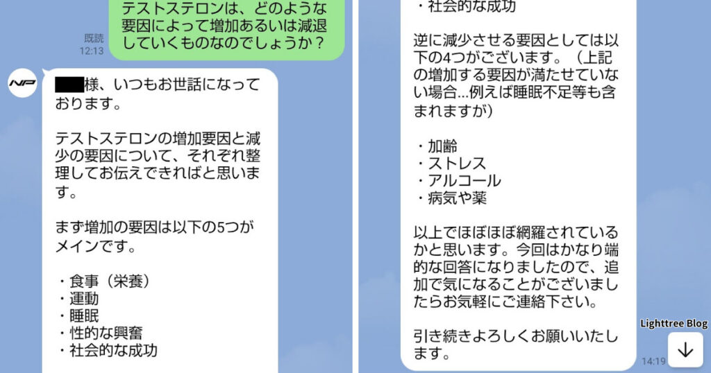 質問④テストステロンの増減要因についての実際のLINE