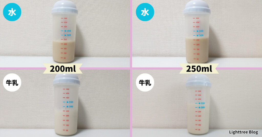 【一目でわかる比較写真】ストロベリー味の水割りと牛乳割り4パターン（シェイク後の泡立ち）