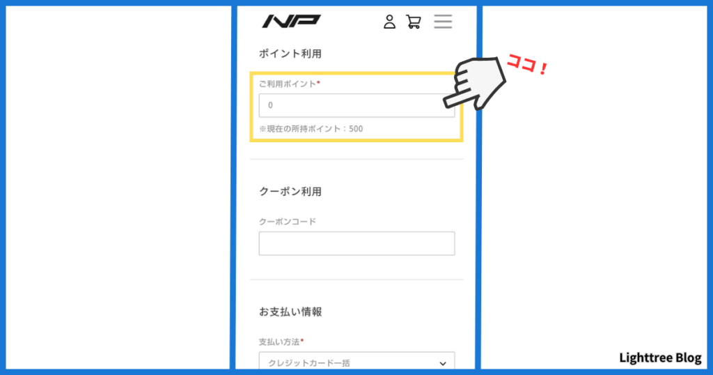 購入手続き画面でポイント利用ができる