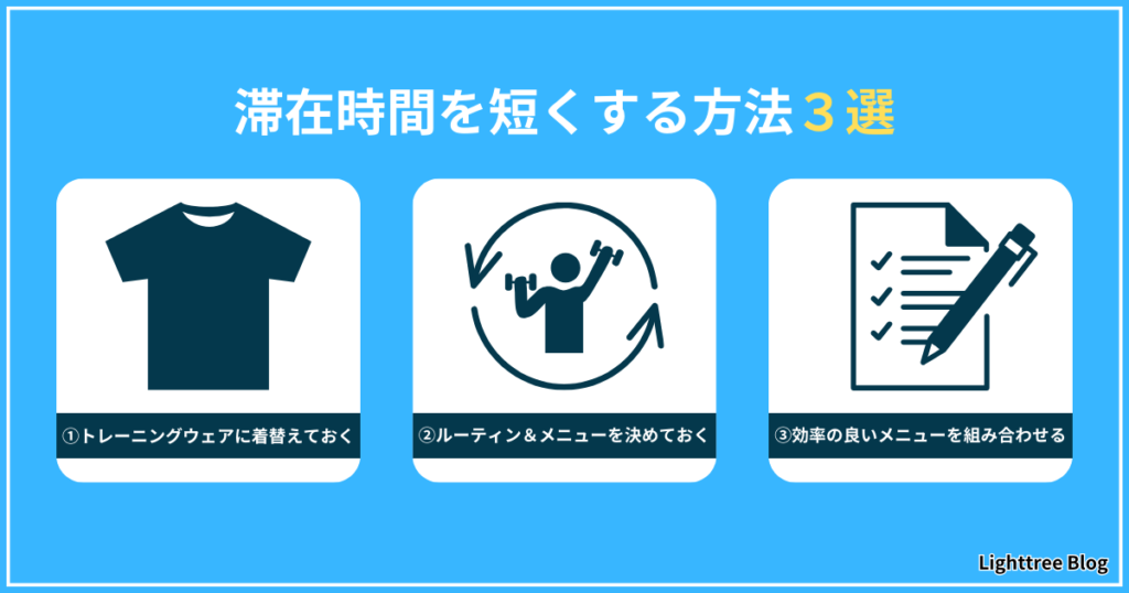 滞在時間を短くする方法3選①トレーニングウェアに着替えておく②ルーティン＆メニューを決めておく③効率の良いメニューを組み合わせる