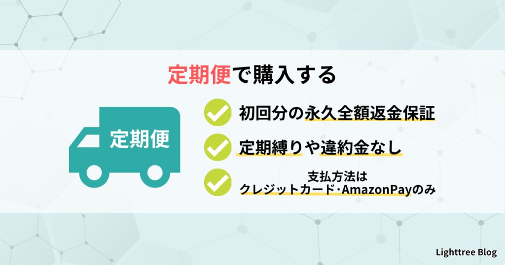 定期便で購入する｜初回分の永久全額返金保証・定期縛りや違約金なし・支払方法はクレジットカード、AmazonPayのみ