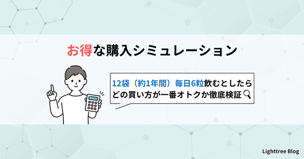 お得な購入シミュレーション｜12袋（約1年間）毎日6粒飲むとしたらどの買い方が一番オトクか徹底検証