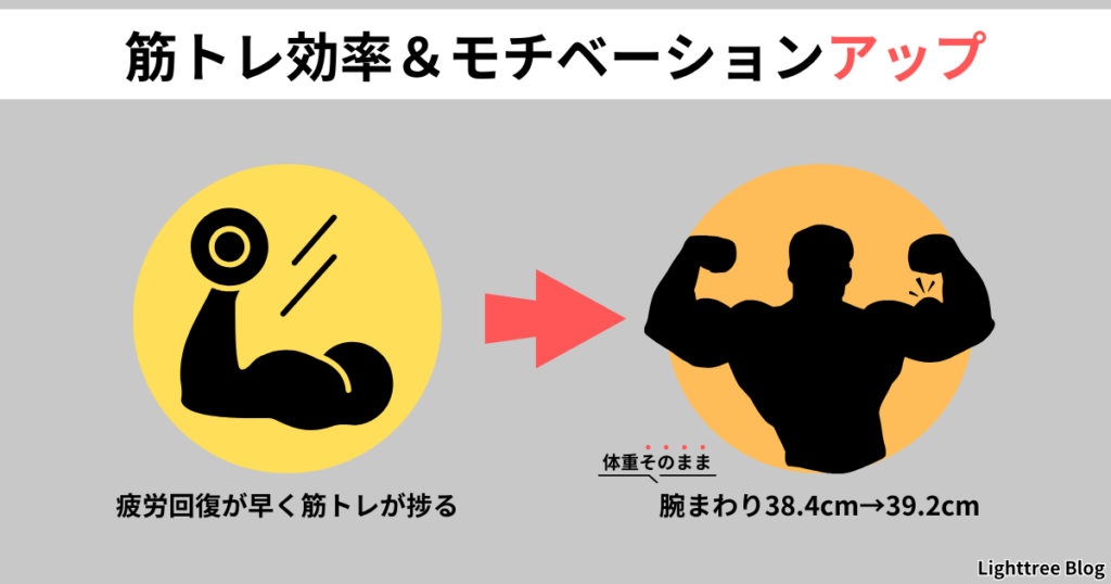 【筋トレ効率＆モチベーションアップ】疲労回復が早く筋トレが捗る→体重そのままで腕まわり38.4cmから39.2cmにアップした