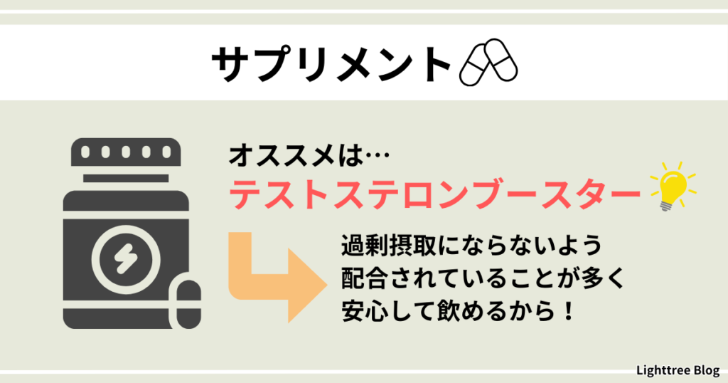 【サプリメント】オススメはテストステロンブースター！なぜなら過剰摂取にならないよう配合されていることが多く、安心して飲めるから！