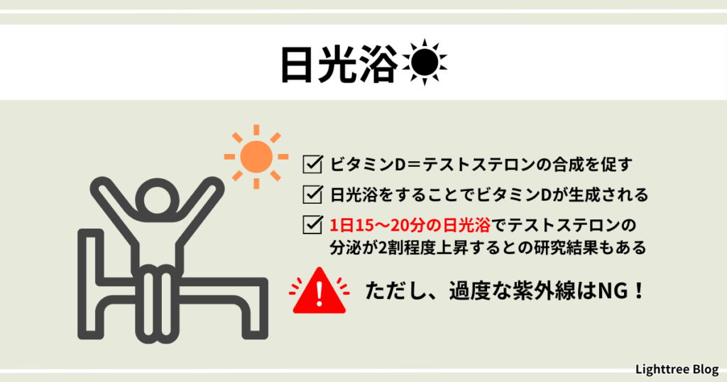 【日光浴】ビタミンD＝テストステロンの合成を促す。日光浴をすることでビタミンDが生成される。1日15～20分の日光浴でテストステロンの分泌が2割以上上昇するとの研究結果もある。ただし、過度な紫外線はNG！