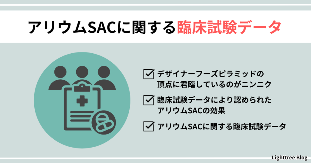 【アリウムSACに関する臨床試験データ】デザイナーズフーズピラミッドの頂点に君臨しているのがニンニク、臨床試験データにより認められたアリウムSACの効果、アリウムSACに関する臨床データ