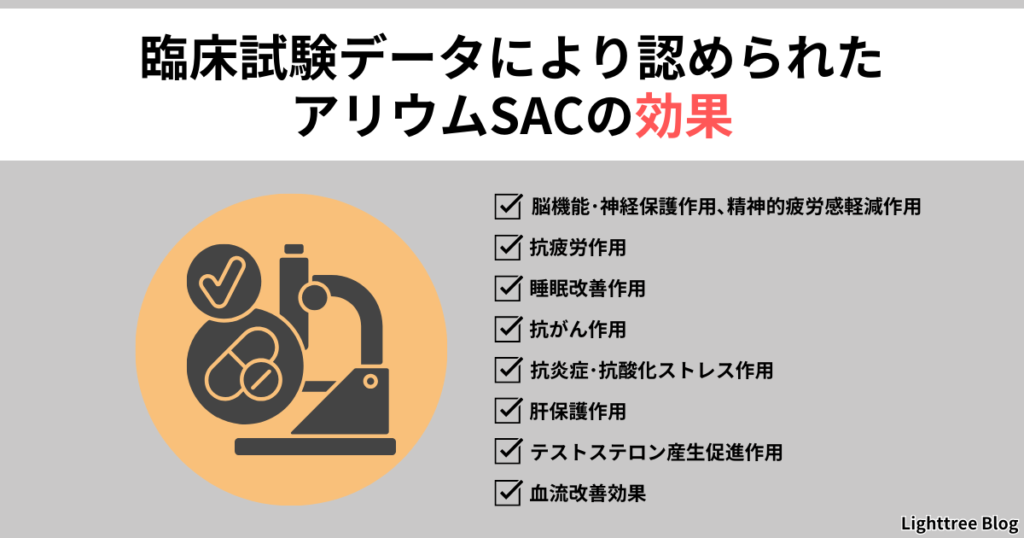 【臨床試験データにより認められたアリウムSACの効果】脳機能・神経保護作用、精神的疲労感軽減作用、抗疲労作用、睡眠改善作用、抗がん作用、抗炎症・抗酸化ストレス作用、肝保護作用、テストステロン産生促進作用、血流改善効果