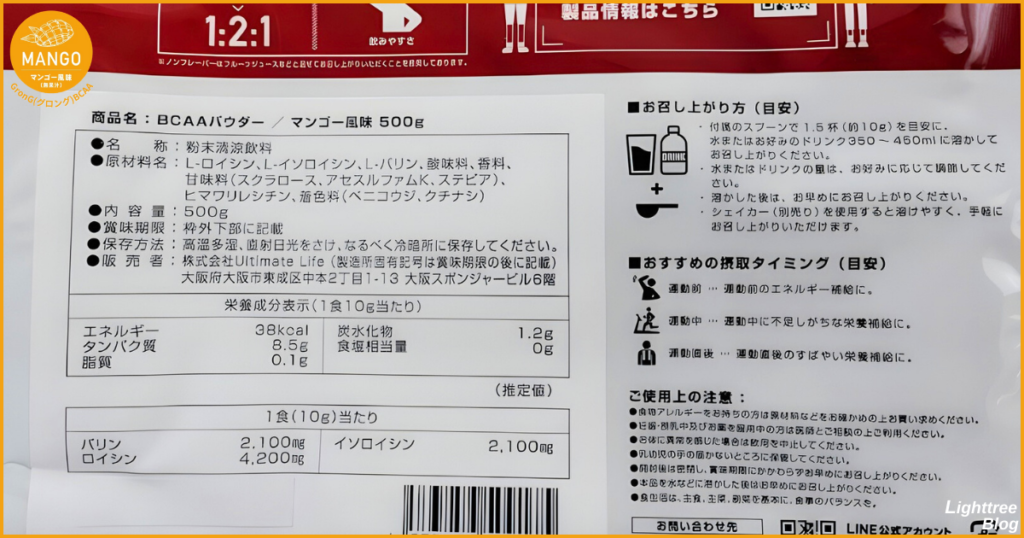 グロングBCAA【マスカット風味】裏面パッケージ