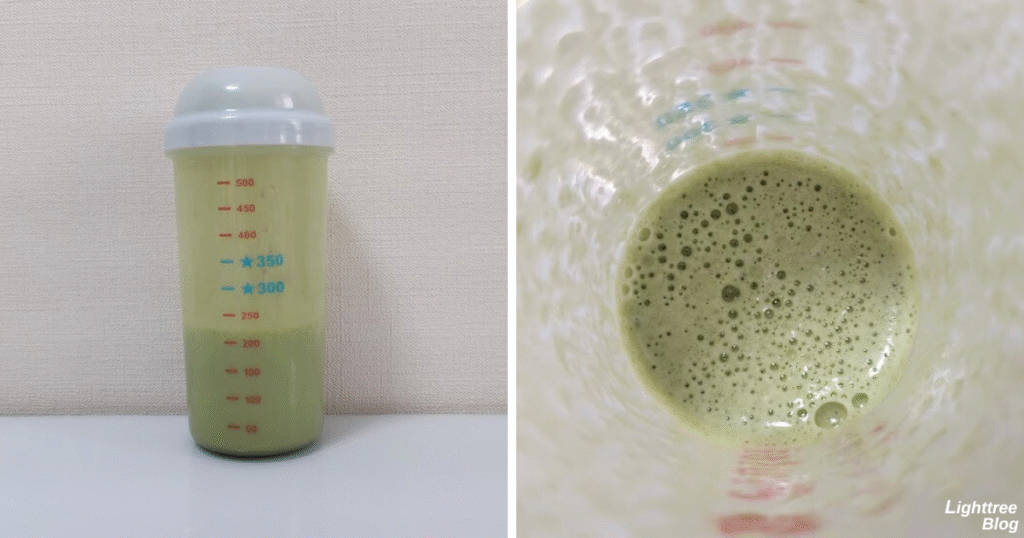 LIMITEST(リミテスト)のホエイプロテイン ULTRA VALUE【抹茶】水100mlレビュー
シェイク後の泡立ち・ダマ