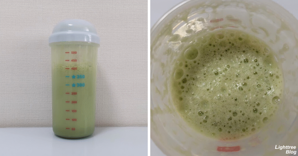 LIMITEST(リミテスト)のホエイプロテイン ULTRA VALUE【抹茶】水200mlレビュー
シェイク後の泡立ち・ダマ