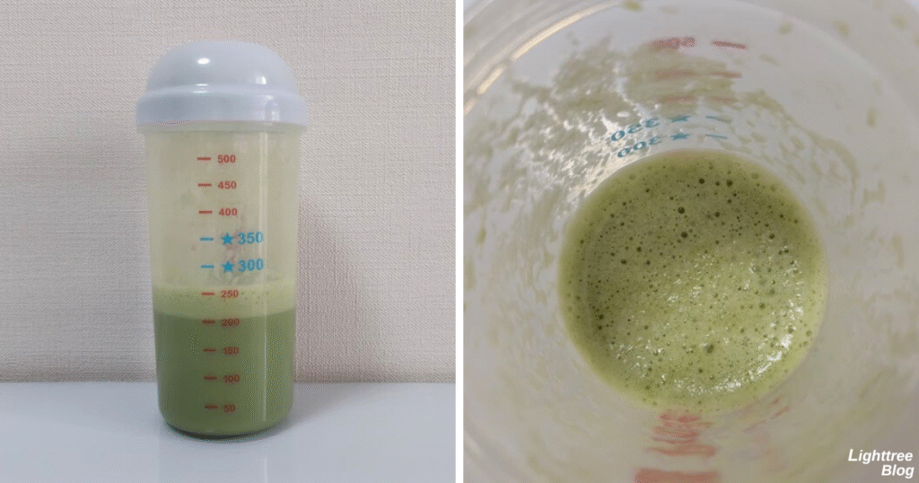 LIMITEST(リミテスト)のホエイプロテイン ULTRA VALUE【抹茶】水200mlシェイク後10分待機して軽く回して馴染ませた写真