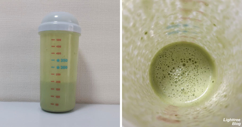 LIMITEST(リミテスト)のホエイプロテイン ULTRA VALUE【抹茶】牛乳100mlレビュー
シェイク後の泡立ち・ダマ