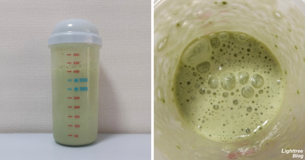 LIMITEST(リミテスト)のホエイプロテイン ULTRA VALUE【抹茶】牛乳200mlレビュー
シェイク後の泡立ち・ダマ