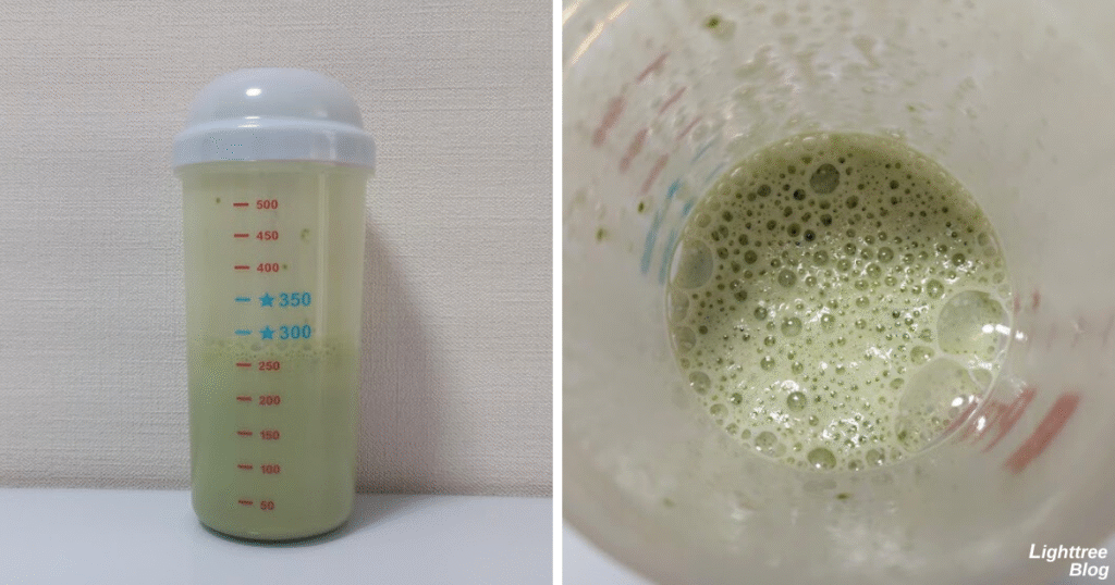 LIMITEST(リミテスト)のホエイプロテイン ULTRA VALUE【抹茶】牛乳200mlシェイク後20分待機して軽く回して馴染ませた写真