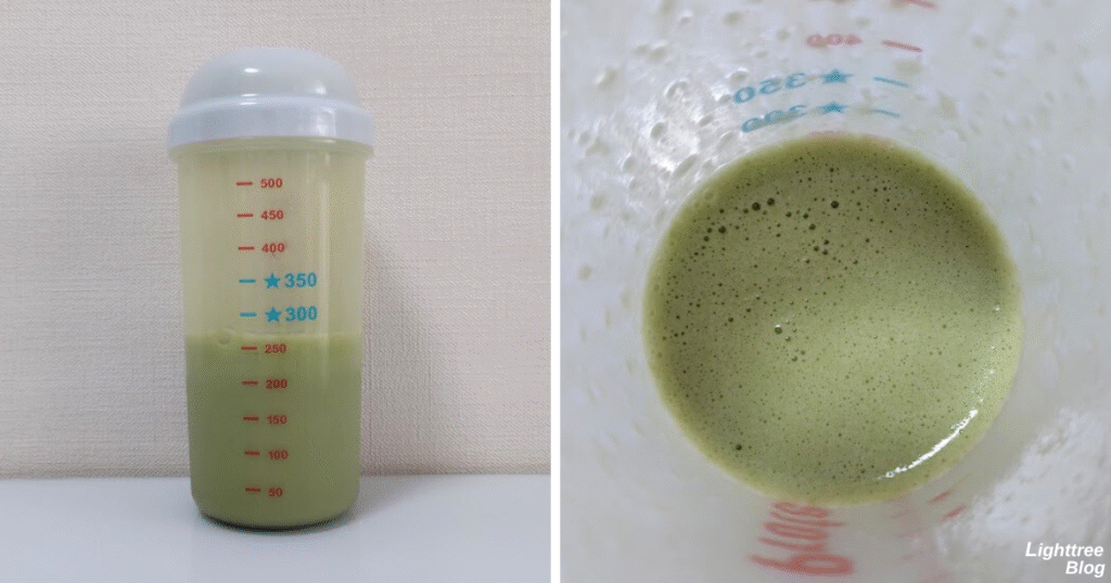 LIMITEST(リミテスト)のソイプロテイン【抹茶】水200mlレビュー
シェイク後の泡立ち・ダマ