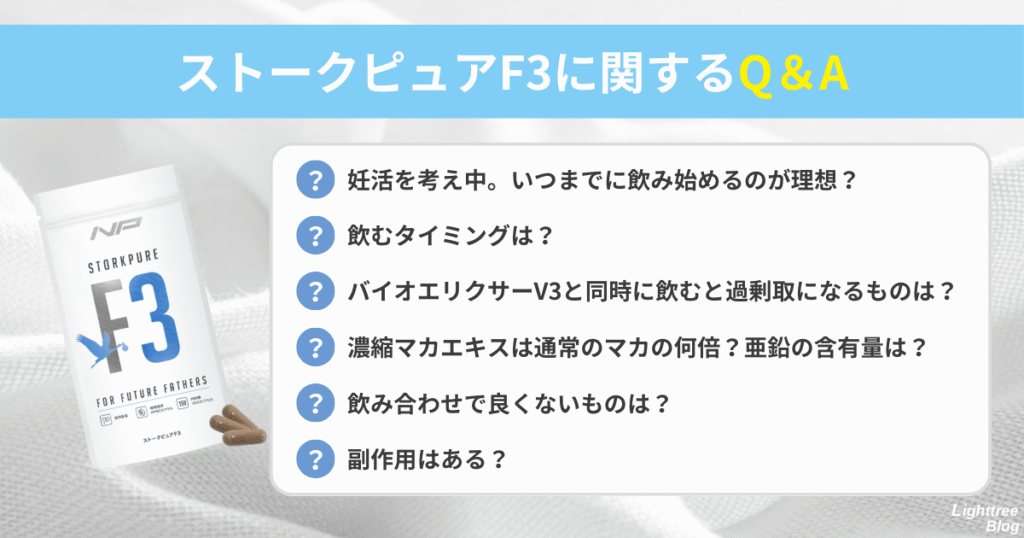 【ストークピュアF3に関するQ&A】
妊活を考え中。いつまでに飲み始めるのが理想?
飲むタイミングは?
バイオエリクサーV3と同時に飲むと過剰摂取になるものは?
濃縮マカエキスは通常のマカの何倍?亜鉛の含有量は?
飲み合わせで良くないものは?
副作用はある?