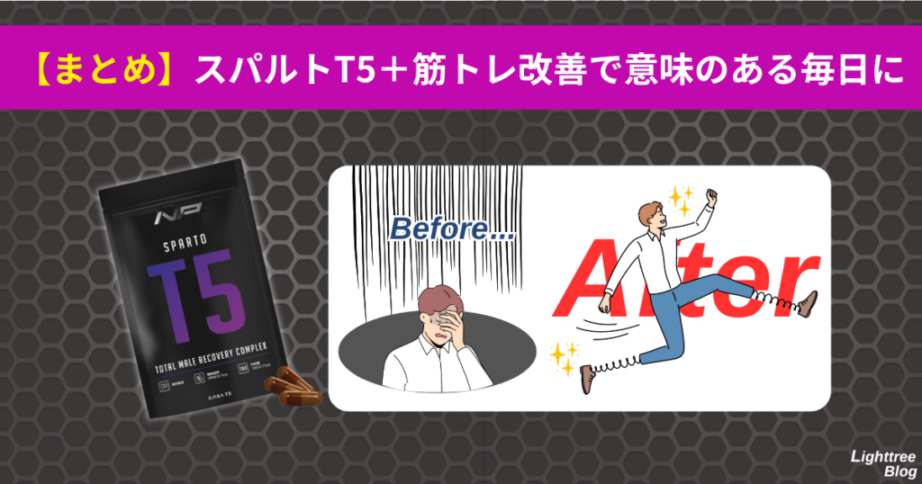 【まとめ】スパルトT5+筋トレ改善で意味のある毎日に