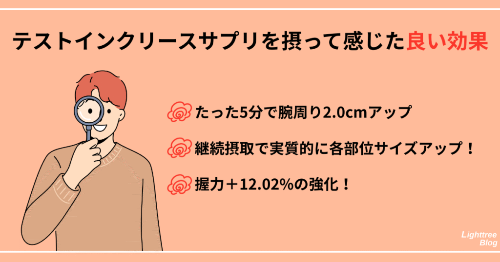 【テストインクリースサプリを摂って感じた良い効果】
たった5分で腕周り2.0cmアップ・継続摂取で実質的に各部位サイズアップ!・握力+12.02%の強化