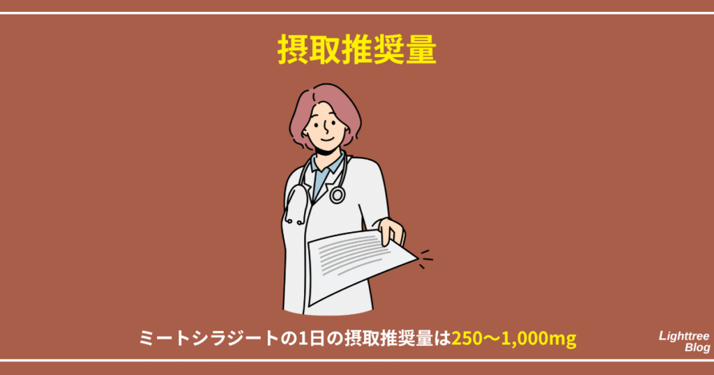 【摂取推奨量】
ミートシラジートの1日の摂取推奨量は250mg~1,000mg