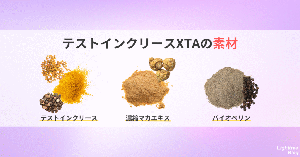 【テストインクリースXTAの素材】
テストインクリース、濃縮マカエキス、バイオペリン