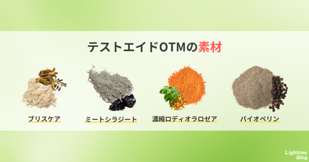 【テストエイドOTMの素材】
ブリスケア、ミートシラジート、濃縮ロディオラロゼア、バイオペリン