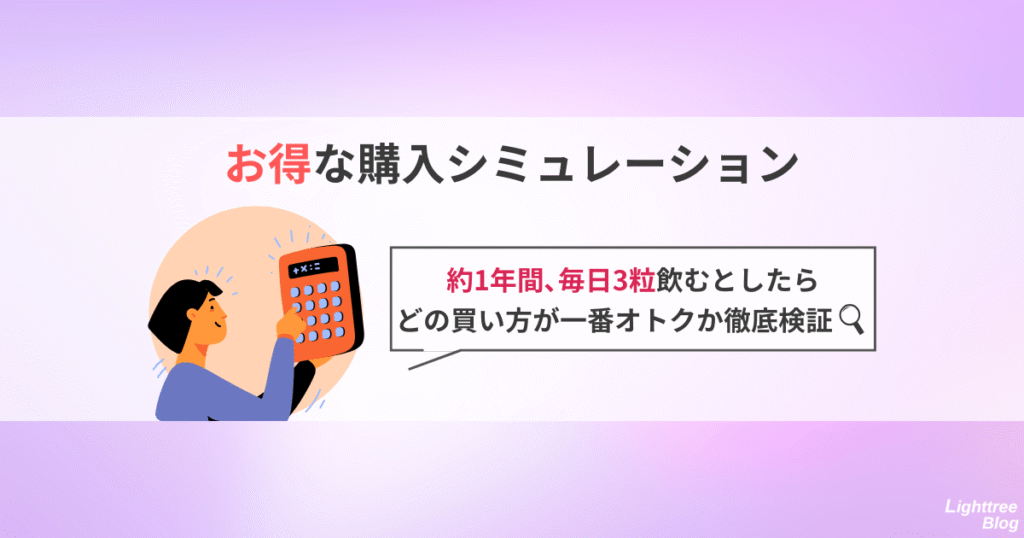 【お得な購入シミュレーション】
約1年間、毎日3粒飲むとしたらどの買い方が一番オトクか徹底検証