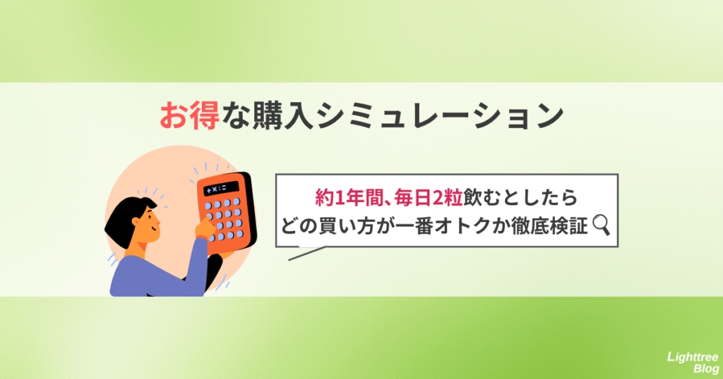 【お得な購入シミュレーション】
約1年間、毎日2粒飲むとしたらどの買い方が一番オトクか徹底検証