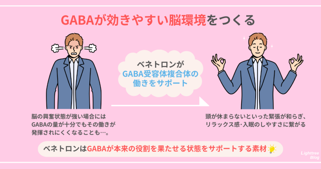 【GABAが効きやすい脳環境をつくる】
脳の興奮状態が強い場合にはGABAの量が十分でもその働きが発揮されにくくなることも…。
ベネトロンがGABA受容体複合体の働きをサポート
↓
頭が休まらないといった緊張が和らぎ、リラックス感・入眠のしやすさに繋がる
ベネトロンはGABAが本来の役割を果たせる状態をサポートする素材