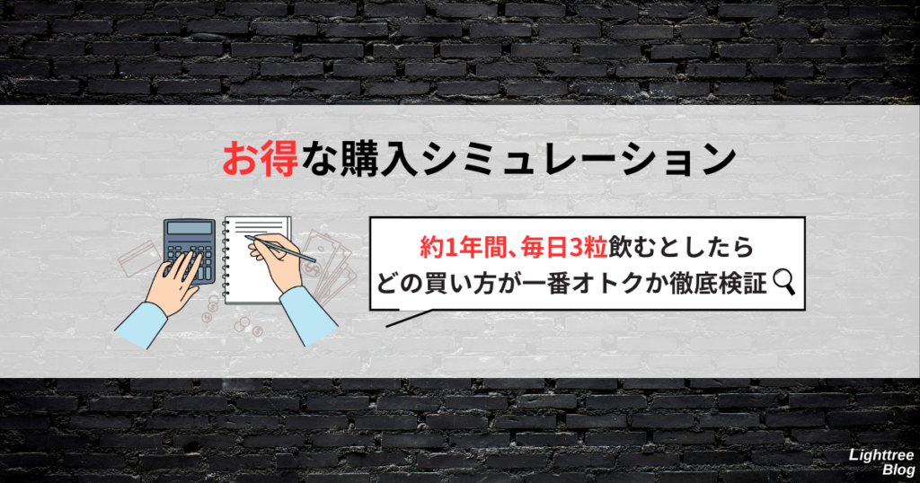 【お得な購入シミュレーション】
約1年間、毎日3粒飲むとしたらどの買い方が一番オトクか徹底検証