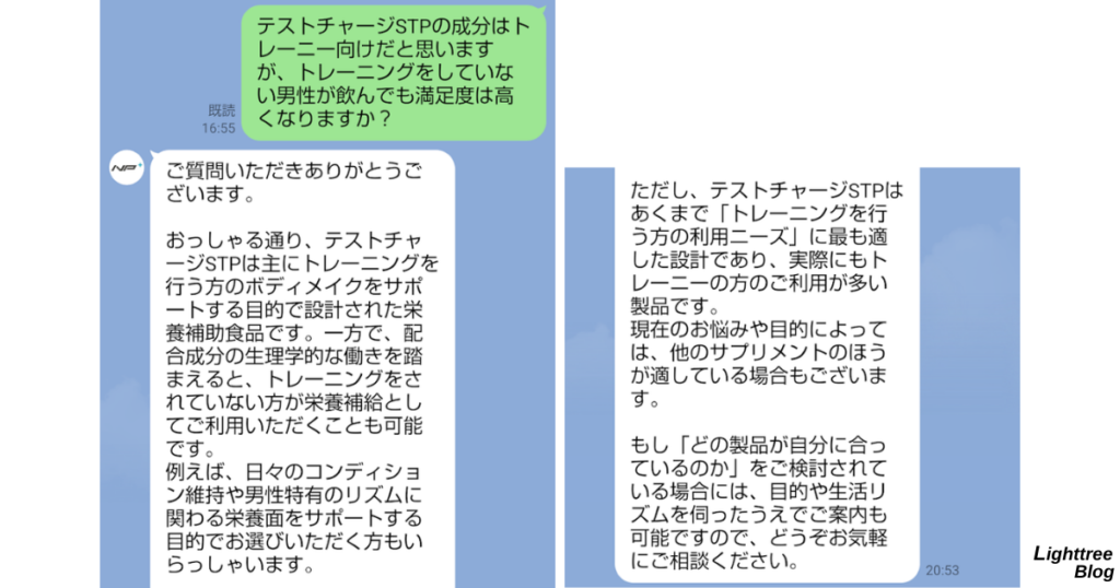 テストチャージSTPはトレーニングをしていない男性が飲んでも満足できるかについての実際のLINE