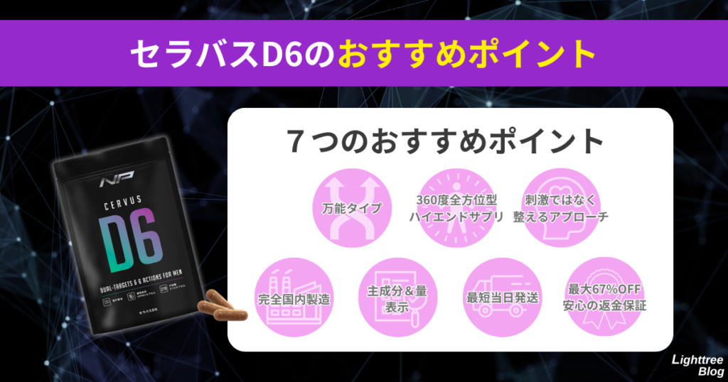 【セラバスD6の7つのおすすめポイント】
万能タイプ、360度全方位型ハイエンドサプリ、刺激ではなく整えるアプローチ、完全国内製造、主成分＆量表示、最短当日発送、最大67%OFF＆安心の返金保証