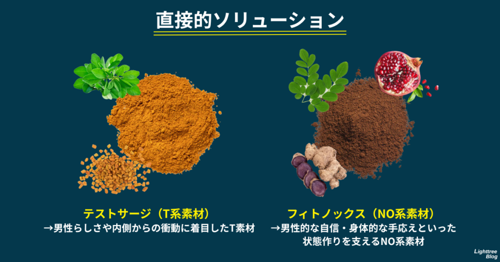 【直接的ソリューション】
テストサージ（T系素材）→男性らしさや内側からの衝動に着目したT素材
フィトノックス（NO系素材）→男性的な自信・身体的な手ごたえといった状態作りを支えるNO系素材