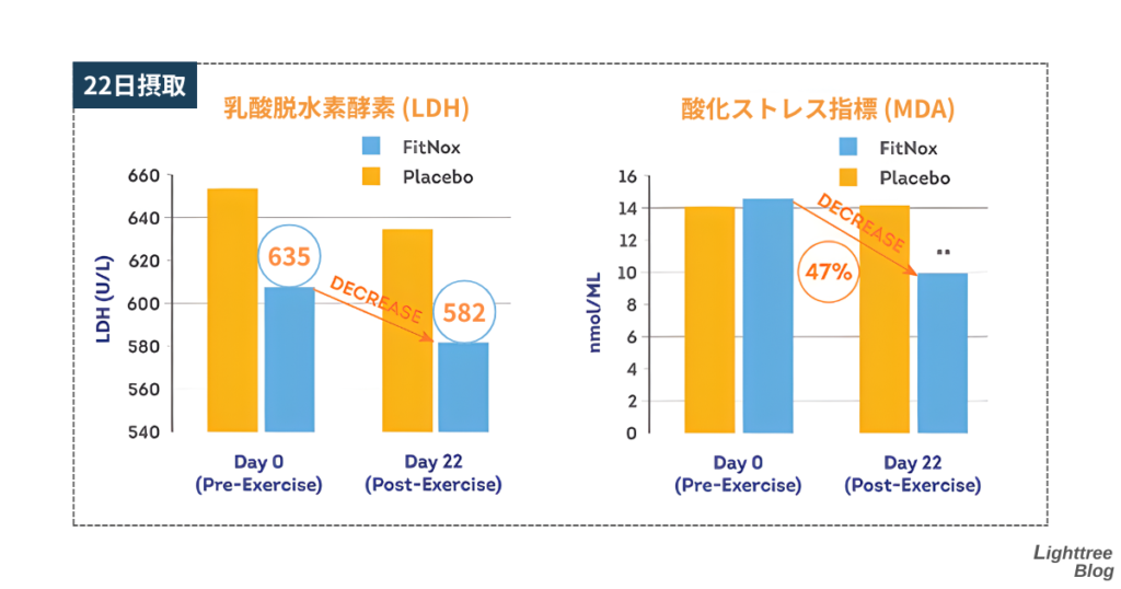 長期摂取による乳酸脱水素酵素の低下、酸化ストレス指標の低下に関する臨床試験データ