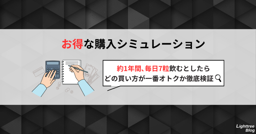 【お得な購入シミュレーション】
約1年間、毎日7粒飲むとしたらどの買い方が一番オトクか徹底検証