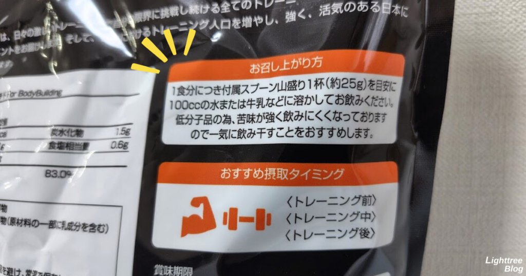LIMITEST(リミテスト)ホエイペプチドFor BodyBuilding|裏面パッケージ(お召し上がり方)